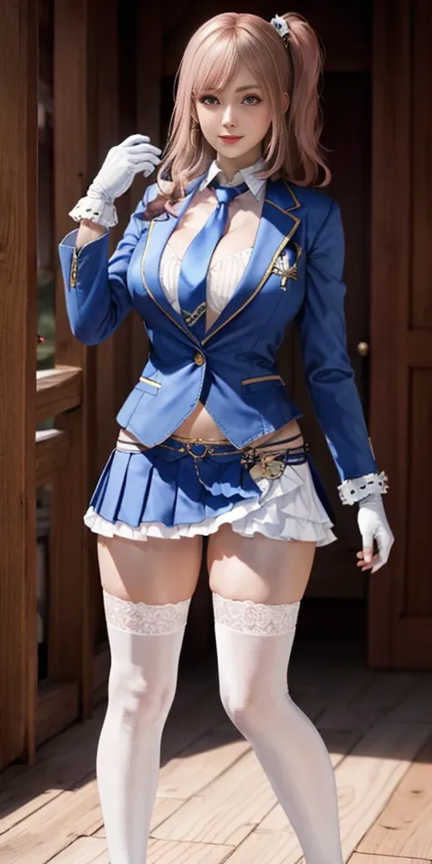 honoka, blue blazer, tie, pleated skirt, one glove, white thighhighs