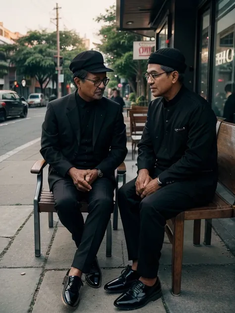 man from Indonesia named Mahfud MD, 62 years old, clean face, glasses, black cap, wearing a luxurious black suit, wearing shiny black shoes, sitting with a handsome 62 year old Indonesian man, short black hair, wearing a black jacket and blue trousers , we...