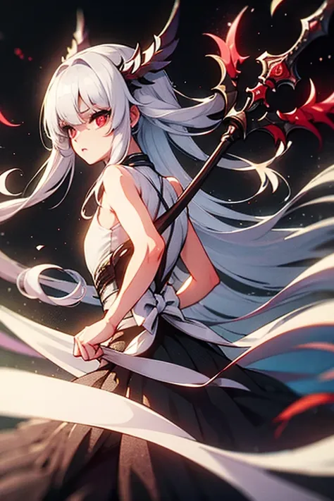 white hair, red eyes, light skin, ((long white hair)), (((battle-axe on back))), black gothic dress, flat chest, ((bored look)), 