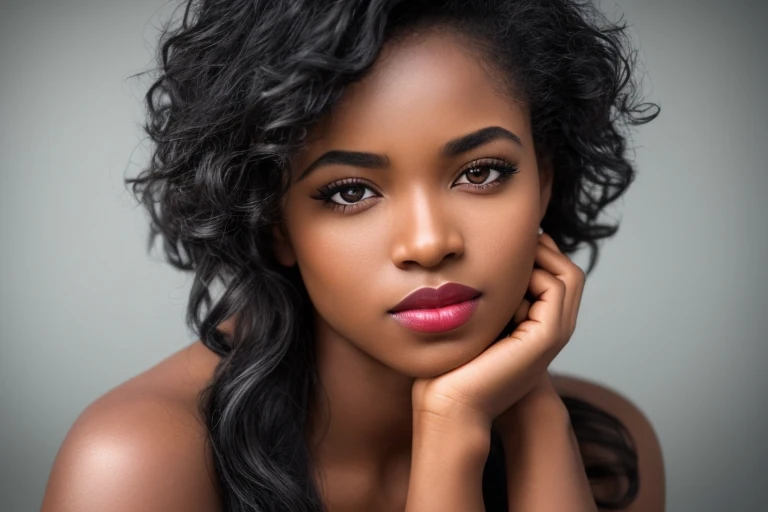 ebony woman, dark skin tone, (to8contrast style), (Close-up portrait), open mouth, 8k RAW photo, highest quality, detailed hazel eyes, eye reflection, winged eyeliner, (looking at the viewer:1.3), best shadow, intricate details, interior, (bold hair:1.3), ...