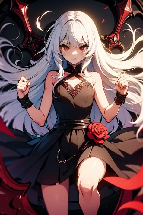 white hair, red eyes, light skin, ((long white hair)), (((battle-axe on back))), black gothic dress, flat chest, ((bored look)),