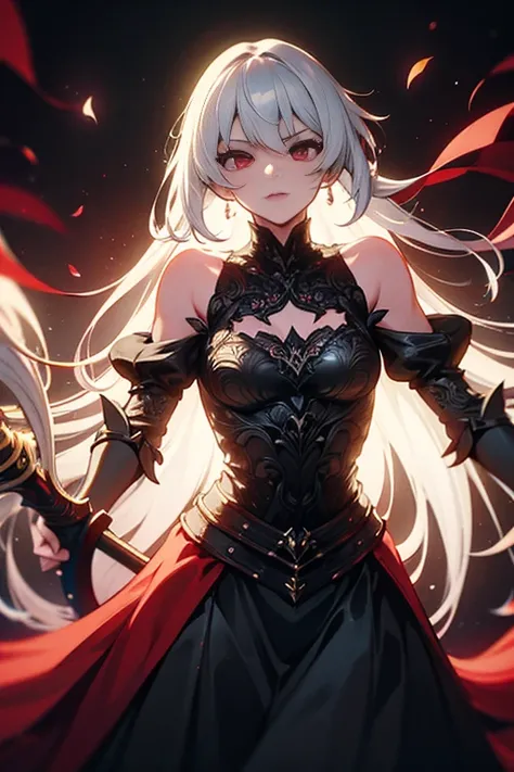 white hair, red eyes, light skin, ((long white hair)), (((battle-axe on back))), black gothic dress, flat chest, ((bored look)),