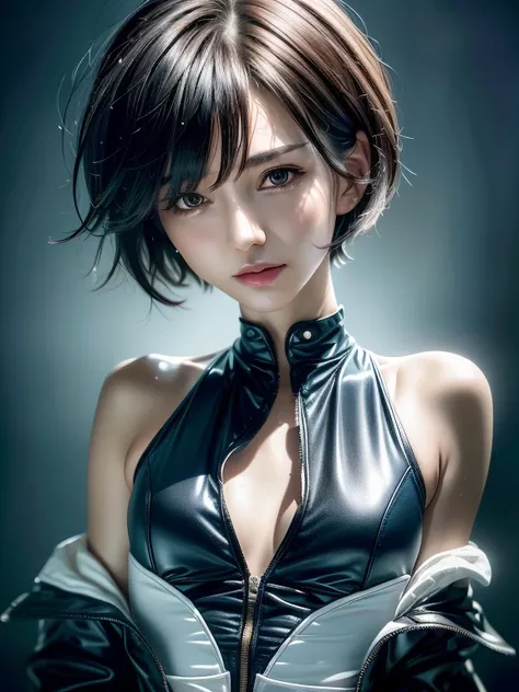 (best quality, 8K, ultra-detailed:1.2), realistic, woman in her 30s, alone, tomboy, ultra-detailed face, rim lighting, upper body, blue black pixie cut hair, (small bust:1.5), body suit made of leather material, with a jacket