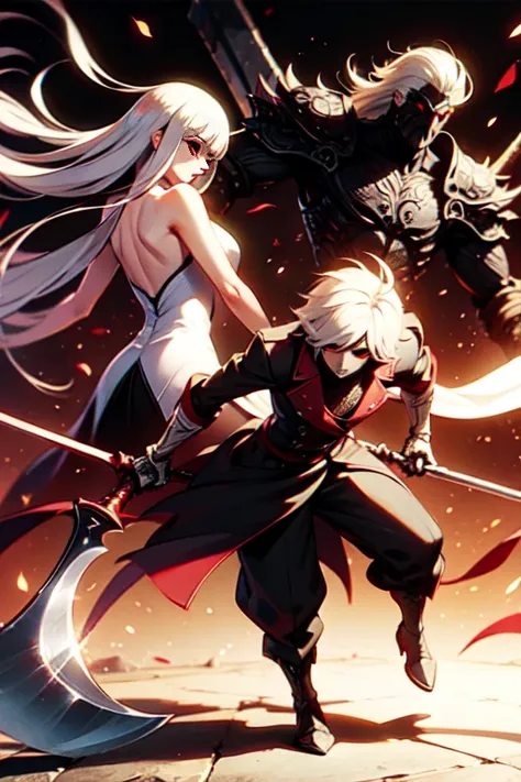 white hair, red eyes, light skin, ((long white hair)), (((battle-axe on back))), black gothic dress, flat chest, ((bored look)),