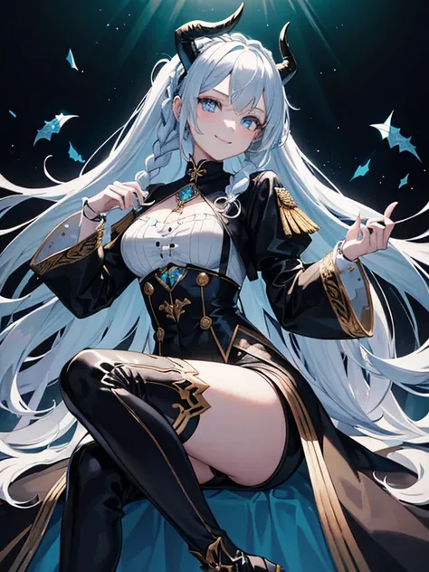 (Wicked Smiles), White long haired, (hairstyles braids and twists half up), Color Blue Horns side head, Blue eyes, [Eye pupil Star], Girl, Wearing black coat with decorated gold intricate, shirt and black shoulder harness on her chest,wearing a black and b...