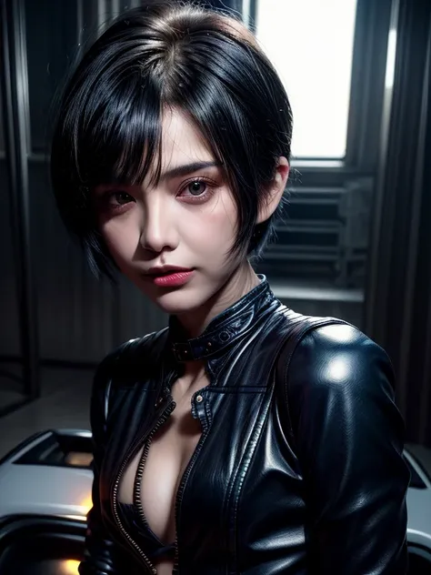 (best quality, 8K, ultra-detailed:1.2), realistic, woman in her 30s, alone, tomboy, ultra-detailed face, rim lighting, upper body, blue black pixie cut hair, (small bust:1.5), body suit made of leather material, with a jacket