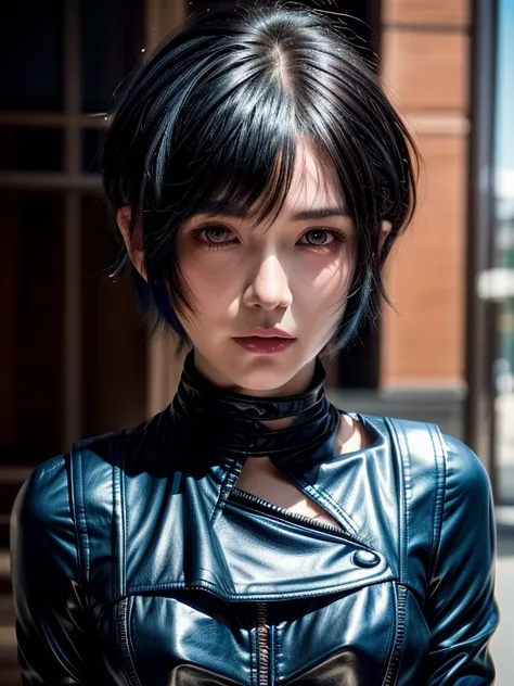 (best quality, 8K, ultra-detailed:1.2), realistic, woman in her 30s, alone, tomboy, ultra-detailed face, rim lighting, upper body, blue black pixie cut hair, (small bust:1.5), body suit made of leather material, with a jacket