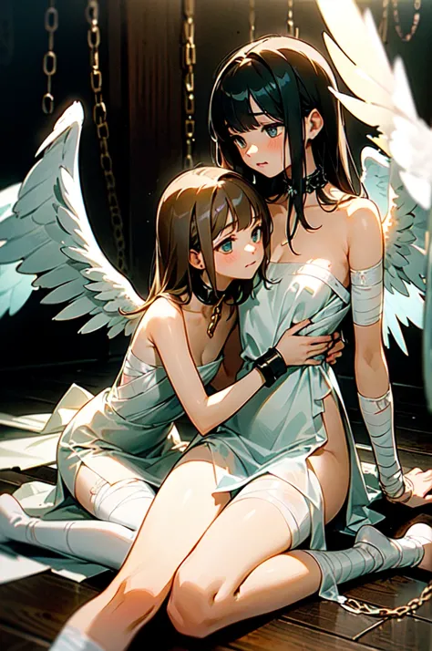 masterpiece , best quality , Two young girls embracing, A very beautiful and charming face,  anxious expressions,  Sitting on the floor, soiled and torn translucent white lace chemise, (((almost naked))), Collar, shackles, chain restraints, (bandages every...