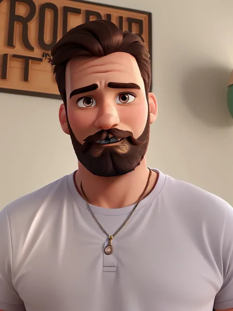 Man in Disney Pixar style with high quality with beard dark brown hair 