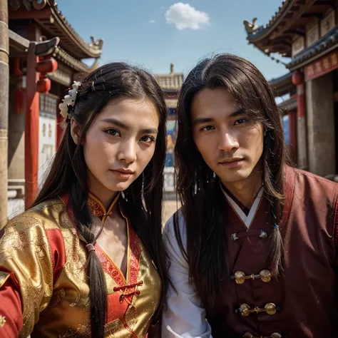 couple，men and women，Handsome and beautiful，long hair tied，Chinese style，Ancient costume，Martial arts dress-up，fantasy ancient times，dream，Red-black，ancient chinese architecture，Blue sky and white clouds，Close-up photos，looking into camera