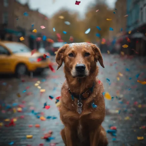 rain of colorful confetti on a dog on the street