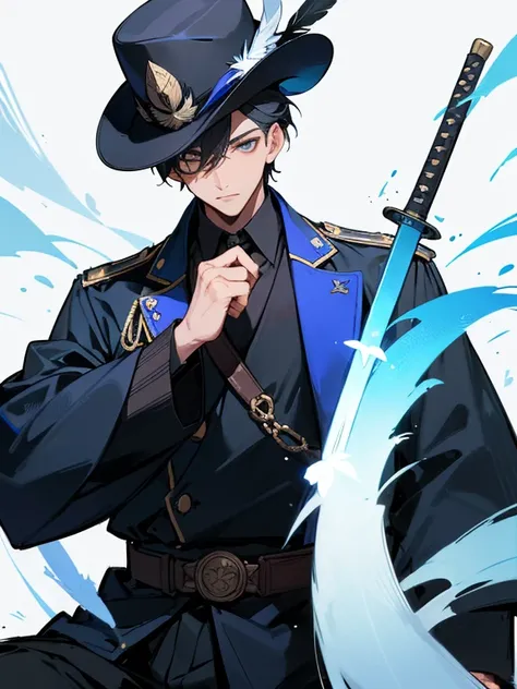 A handsome boy of twenty，Wearing blue period high commander military uniform，There is a huge black badge on the right shoulder，There is a long white feather on the hat，The neckline has many decorations，His right hand rests on the three samurai swords at hi...