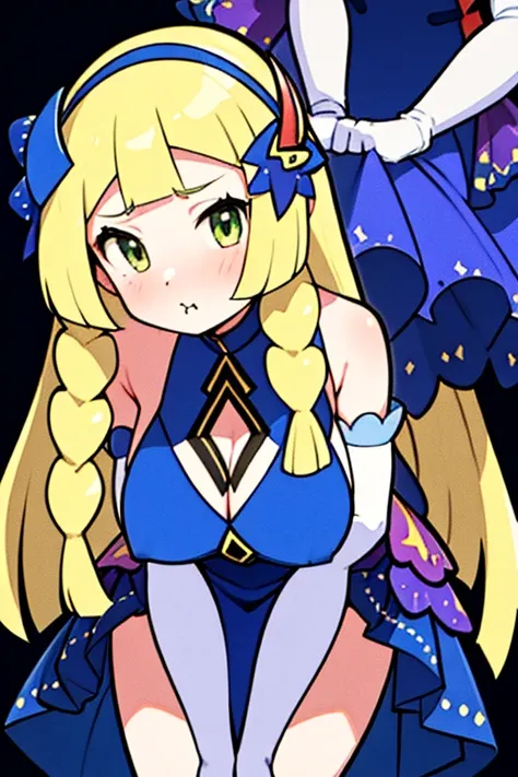 high quality, masterpiece, facing forward, big tits, thick thighs, leaning forward, bent over, hands straight down, pout, puffy face cheeks, aalillie, long hair, braid, hairband, hair ornament, hair flower, bare shoulders, blue dress, sleeveless, elbow glo...