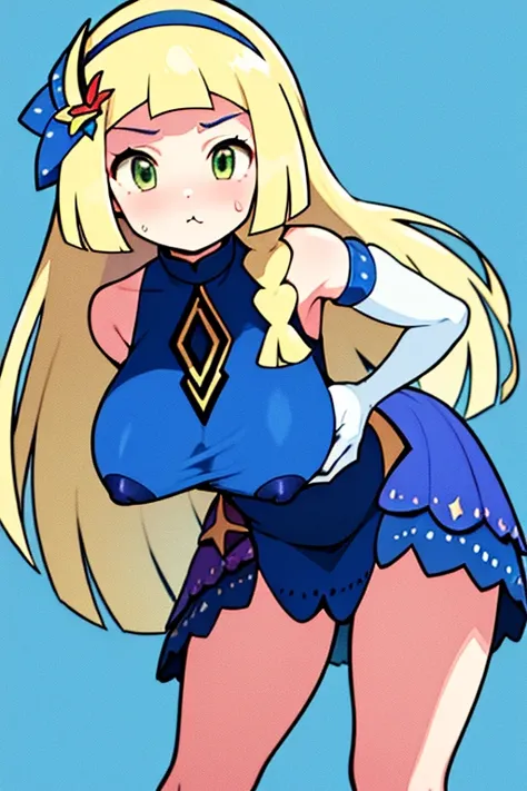 high quality, masterpiece, facing forward, big tits, thick thighs, leaning forward, bent over, hands straight down, pout, puffy face cheeks, aalillie, long hair, braid, hairband, hair ornament, hair flower, bare shoulders, blue dress, sleeveless, elbow glo...