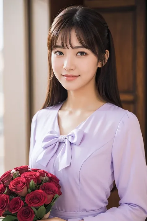 Medium view, medium shot, Depth of bounds written, bust, Upper body, cinematic angle, masterpiece, highest quality, Super detailed, cg, 8k wallpaper, beautiful face, delicate eyes, maiden, alone, smile, bangs, skirt, shirt, have, purple dress, bow, petal, ...