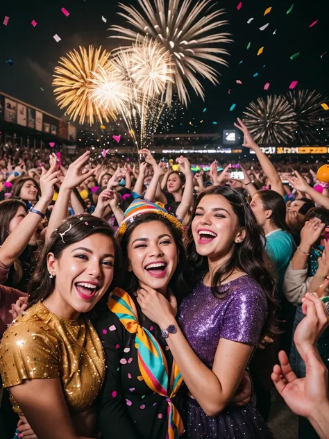 multiple people, ((confetti)), colorful, best quality, high resolution, colorful, vibrant, dynamic, festive atmosphere, joyful, happy people, smiling faces, energetic, bursting with excitement, lively music, dancing, cheerful crowd, party hats, sparkling l...