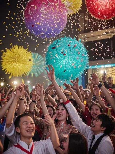 A festive scene filled with Asian confetti, vibrant colors, and lively celebrations. (best quality, highres, realistic), (festive, joyful) atmosphere, (colorful, vivid) confetti raining down in abundance. The confetti swirls and dances in the air, creating...