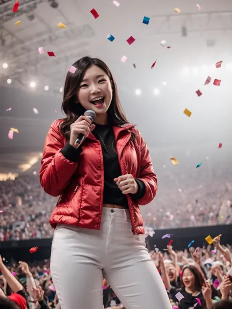 happy concert of cute asian woman pale skin, hourglass body, casual clothes, red jacket, [[navel]], sing, (holding microphone), confetti, on stage, white background, long pants,  ((colorful confetti)), perfect hand, joyful