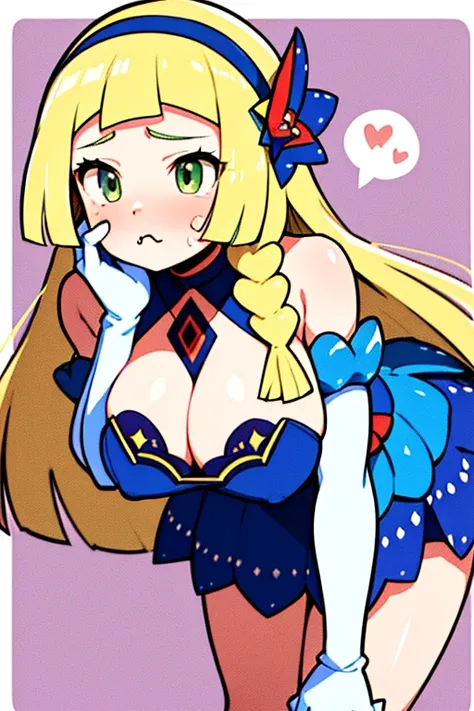 high quality, masterpiece, facing forward, big tits, thick thighs, leaning forward, bent over, hands on her face, pout, pouty face, puffy face cheeks, aalillie, long hair, braid, hairband, hair ornament, hair flower, bare shoulders, blue dress, sleeveless,...