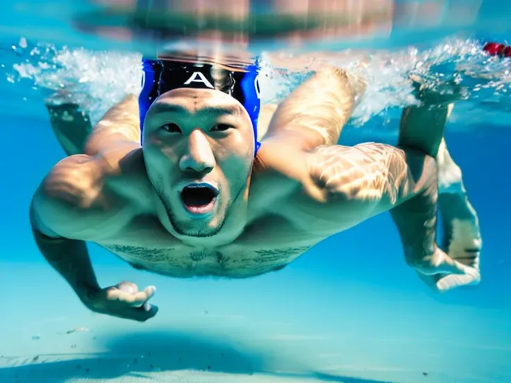 Full body image of a Japanese man、male student、male swimming club member、male lifesaver、Shaved Head Man、Dark-skinned man、muscular man、man sinking in the bathtub、man sinking at the bottom of the pool、man sunk to the bottom of water、A man wearing a skin-tigh...