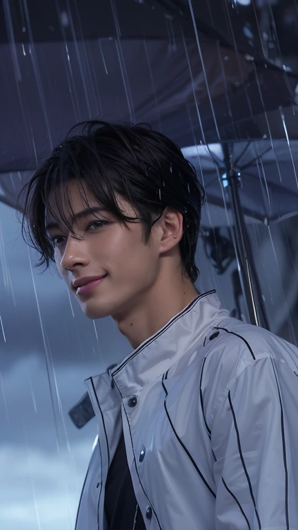 a close up of a person in a An open white uniform with a black t-shirt underneath shirt in the rain, water dripping off him, handsome guy in human art, tears in the rain, anime Background, rain aesthetic, happy smile, tall anime guy with blue eyes.