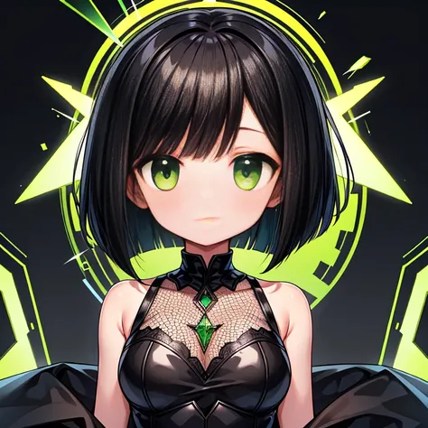 high resolution,high quality,woman,black hair,bob cut,yellow green mesh,Transparent eyes,emerald green eyes,In a black suit,,