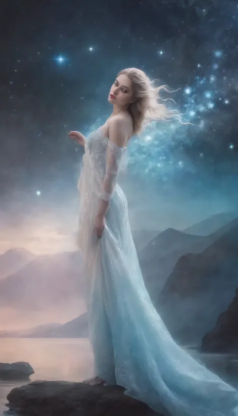 (masterpiece, top quality, best quality,watercolor (medium),official art, beautiful and aesthetic:1.2),(1girl:1.3), (fractal art:1.3),,water,liquid, cloud,colorful, starry,stars,time and space, hold wand,full body, splash water,