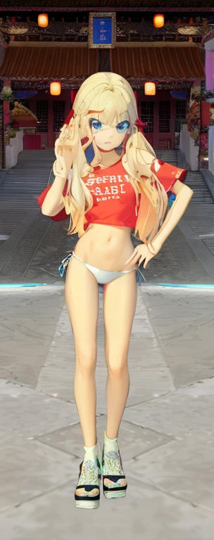 A blonde girl wearing a red shirt and white panties stands on the street., full body xianxia, clothing: bikini, full body close-up shot, Inspired by Sim Sa Jung, full body! beautiful face, has long blonde hair, swimming costume model, In-game images, Upper...