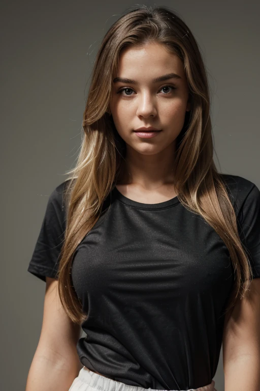 frontal photo, high quality photo, young woman on a plain gray background, perfect face, waist-length photo, sports black T-shirt, long hair in blond