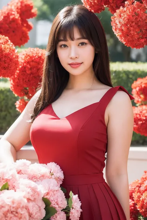 Medium view, medium shot, Depth of bounds written, bust, Upper body, cinematic angle, masterpiece, highest quality, Super detailed, cg, 8k wallpaper, beautiful face, delicate eyes, maiden, alone, smile, bangs, skirt, shirt, have, Crimson dress, bow, petal,...