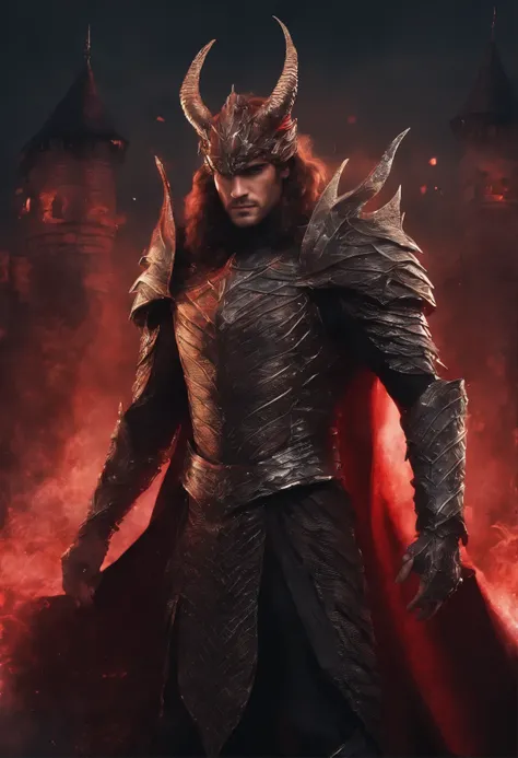 Solo, full-body photo, panorama, a male magician (Henry Cavill, wearing a two-horned crown, long golden hair, eye details depicted. Red eyes, golden scales armor, hid cheeks have silver dragon scales and dragon decoration, looks natural and powerful, black...