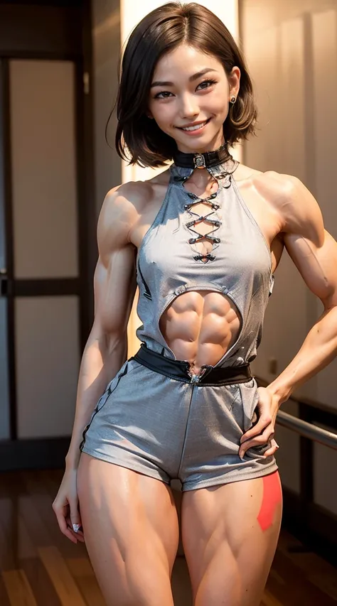 (Muscular:2), (thick muscular thighs, wide hips:2.2), (asian female:1.5), (bangs), adult, long hair, wearing glasses, earings, eyeshadow, lipstick, bokeh, (eight pack abs:1.4), (freckles:0.9), (upper body view), (striations), (hard nipples:1.1), (small per...