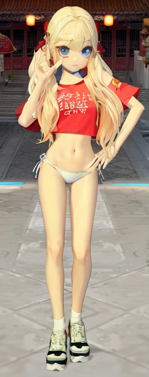 A blonde girl wearing a red shirt and white panties stands on the street., full body xianxia, clothing: bikini, full body close-up shot, Inspired by Sim Sa Jung, full body! beautiful face, has long blonde hair, swimming costume model, In-game images, Upper...