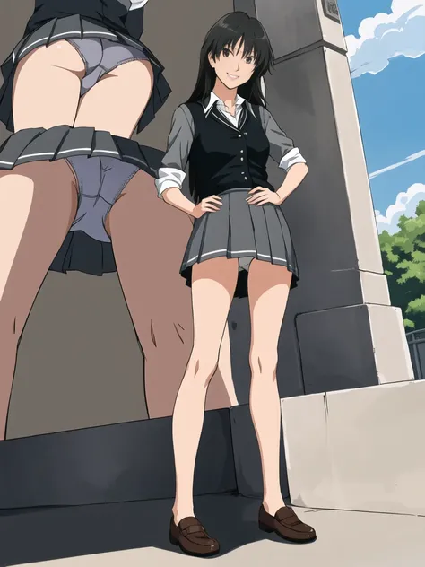 highest quality, ultra high resolution, (realistic: )2D official style cel animation,(multiple views)Amagami Tsukasa Ayatsuji,high school girl,uniform,gray mini skirt,summer shirt.Unlock button,good,panties,long hair,straight hair,full body portrait,from b...