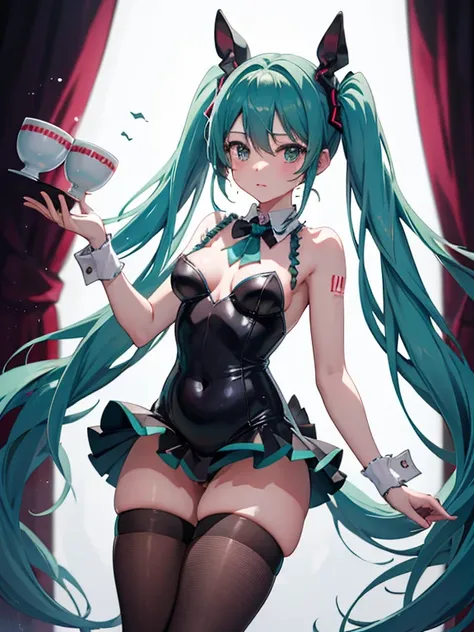 Hatsune Miku、A cup、slender、small breasts、High leg、bunny girl costume、Smooth plump thighs、Thigh emphasis、Show your armpits、black rabbit ears、sweaty、Tsuyudaku、tights