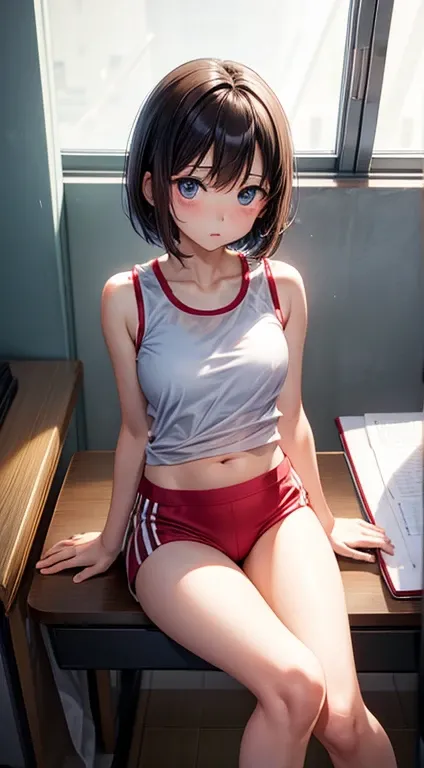  Troubled expression Raise hand Maki Horikita Beautiful girl Junior high school student White tank top Navel exposed Beautiful legs Track and field appearance Club activities Japanese classroom Small breasts Slender short stature Short hair Brown hair Whol...