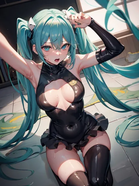 A cup、small breasts、slender、Hatsune Miku、Bunny Girl Cosplay、High leg、fishnet black tights、black glove、Show your armpits、Clothes with a wide open chest、Plump smooth thighs、Drenched in sweat、Sweat dripping、Steam is coming out from around the body、ecstatic ex...