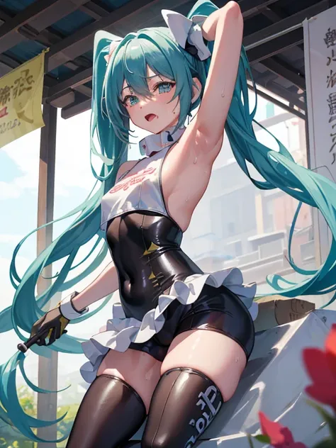 A cup、small breasts、slender、Hatsune Miku、Bunny Girl Cosplay、High leg、fishnet black tights、black glove、Show your armpits、Clothes with a wide open chest、Plump smooth thighs、Drenched in sweat、Sweat dripping、Steam is coming out from around the body、ecstatic ex...