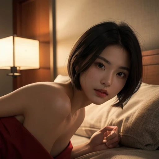  Bold gravure poses, ( in the dark, deep shadow,low key, cold light:1.1), diffused natural skin glow, ((​masterpiece:1.4, top-quality)), (photographrealistic:1.4), physically-based rendering, full-face blush, embarrassed, Short bob hair, troubled eyebrows,...