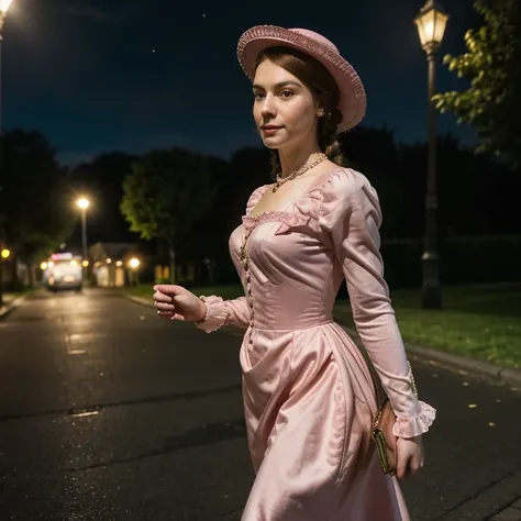 Hyper-realistic , beautiful portrait, close-up, high resolution, 8k,of a woman in a pink dress and hat walking down a street, walking at night.by the , street lamps at night, Victorian lady, a beautiful Victorian woman, Victorian fantasy art, Herbert James...