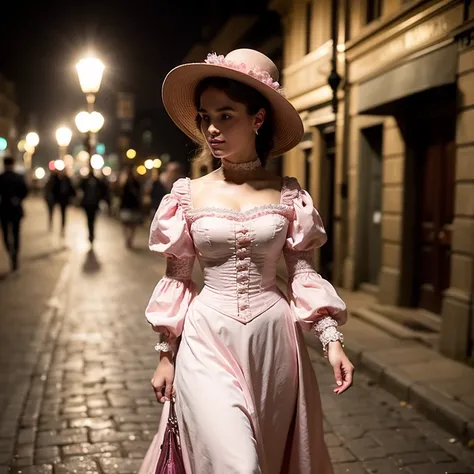 Hyper-realistic , beautiful portrait, close-up zoom, high resolution, 8k,of a woman in a pink dress and hat walking down a street, walking at night.by the , street lamps at night, Victorian lady, a beautiful Victorian woman, Victorian fantasy art, Herbert ...