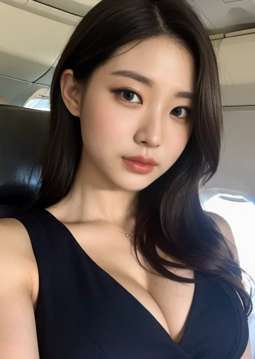 On the plane、Flight attendants&#39; revealing costumes、open chest、whole body、A woman with the same face as last time(misaki)，４Ｋ、１people&#39;s women、slender、 Loose wavy styling 、seductive and attractive,Including face and skin texture，detailed eyes、a seduct...