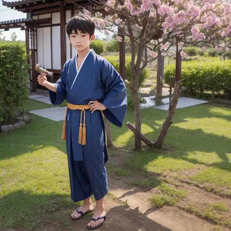  High resolution, Super detailed, masterpiece, highest quality,oriental、boy、Wearing traditional Japanese costumes、alone、boy doing farm work、