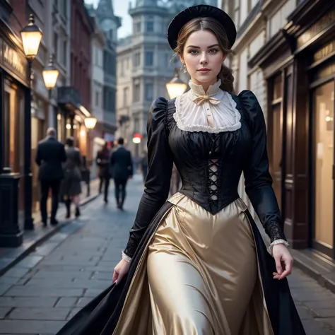 Hyper-realistic, masterpiece, screen shot, best quality, beautiful portrait, close-up zoom, high resolution, 8k, 1girl, smiley cocky smirk, a woman in a lite marron dress, plus size model, plump, walking down a street, walking in evening, Victorian lady, a...