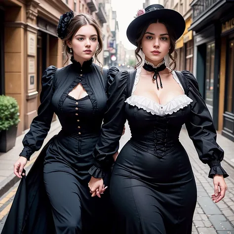 Hyper-realistic, masterpiece, screen shot, best quality, beautiful portrait, close-up zoom, high resolution, 8k, 1girl, smiley cocky smirk, a woman in a black dress, plus size model, plump, walking down a street, walking in evening, Victorian lady, a beaut...