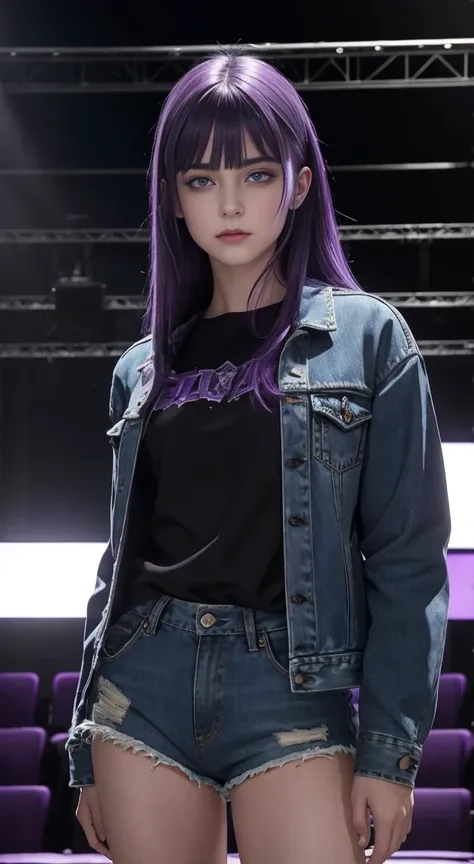 masterpiece, highest quality, 1 girl, formal, purple eyes, purple hair, busyness, Denim Shot, looking at the audience, dark, (darkness), cinematic light, edge light, delicate eyes, (Pueros face_v1:0.5), looking at the audience, (reality: 1.2), provocative,...