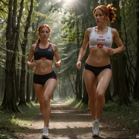 realistic hot model from holland, with red hair, in sweaty gym clothing, running sport trough a misty forrest with sunlight shining through the trees, whole body, full legs, natural, canon is 1.8 hd, real life image high res photo