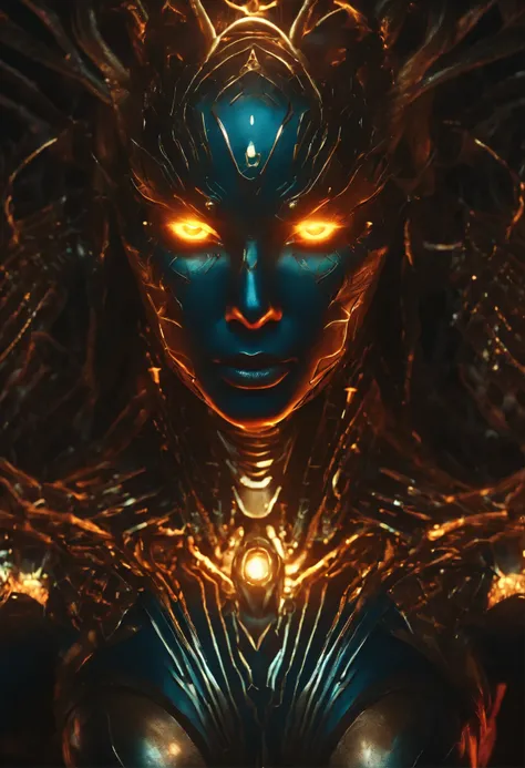 A warrior,glowing light eyes, biomechanical, eery, creepy, nightmarish, Very bright colors, light Particle, , Musif, Wallpaper Art, UHD Wallpapers, even