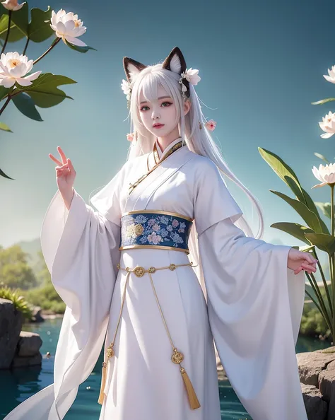 ((4K,masterpiece,highest quality)), Shuimobisim, traditional chinese ink painting, lotus,  Hanfu, maxi kit, One boy modestly dressed, alone, white hair, fox ears, white,  fish, many fish near boy, look at the audience, tease,Oneeshota,