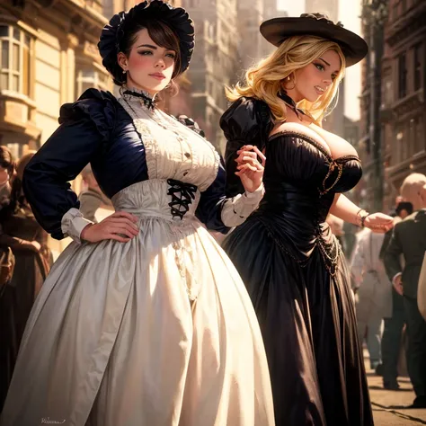 Hyper-realistic, masterpiece, screen shot, best quality, beautiful portrait, close-up zoom, high resolution, 8k, 1girl, smiley cocky smirk, a woman in a black dress, plus size model, plump, walking down a street, walking in evening, Victorian lady, a beaut...